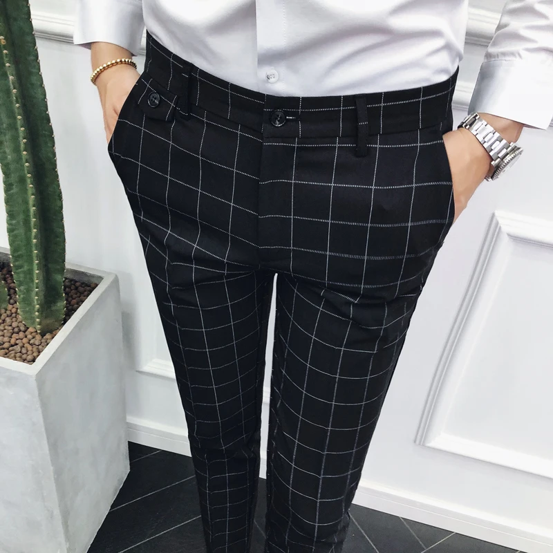 Мужские летние клетчатые брюки деловые облегающие для офиса|Повседневные брюки|