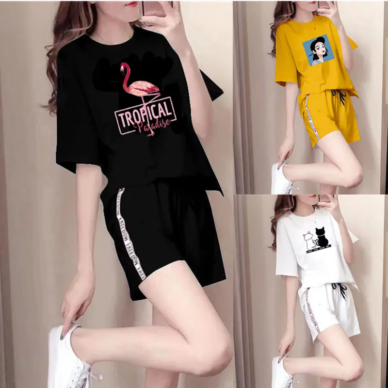 two piece set tracksuit women summer woman short sleeve +shorts clothes casual plus size loose sets black white yellow cotton