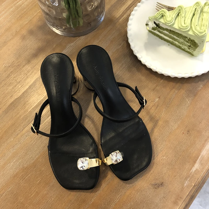 

The net red medium heel rhinestone sandal women's thick heel new wild thick heel high heel set toe slippers wear tide outside