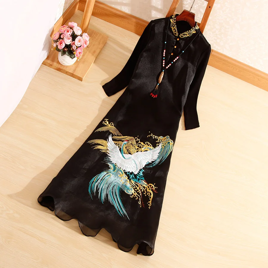 Женское платье в китайском стиле Осеннее Королевское Платье с вышивкой журавлей