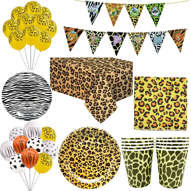 

Jungle Forest Animals Leopard Zebra Paper Plates/Cups/Napkins Disposable Tableware Sets for Wedding Birthday Party Decoration