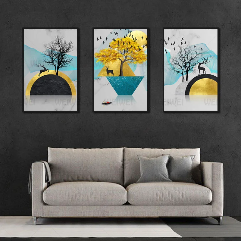 

Abstract Geometric Wall Picture Living Room Golden Leaves Elk and Flying Bird Posters and Prints Modern Style Room Decoration