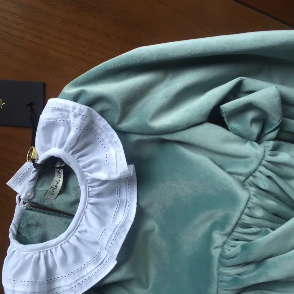 Spanish children's dress baby girl 1-5 years princess dresses hat cotton long sleeve green velvet for Autumn winter | Детская одежда