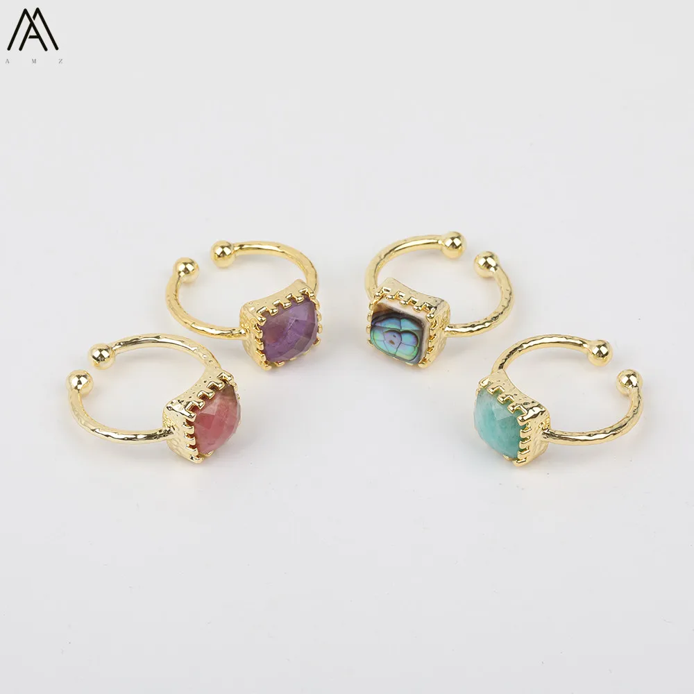 Random Sales Natural Stone Cube Beads Rings Adjustable Fashion Women Amethysts Quartz Open Gold Copper Jewelry FZ-76AMAJ | Украшения и
