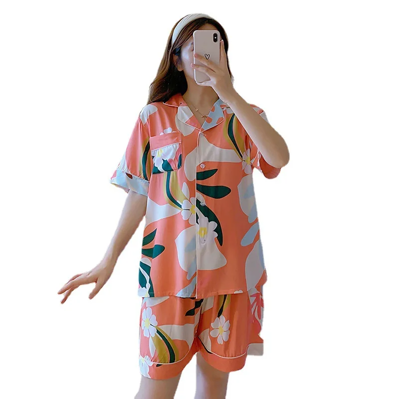 Women Pajamas Suit Short Sleeve Trousers Pants Shirt Set Pijamas Summer New Fashion Cute Flowers Lady Soft Comfortable Homewear