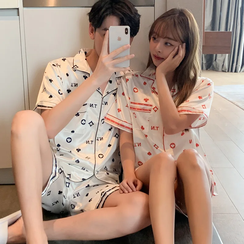 2021 New Summer Ice Silk Couple Pajamas Suit Short Sleeve Shorts Sleepwear Women's Homewear Female Nightwear Sleeping Wear