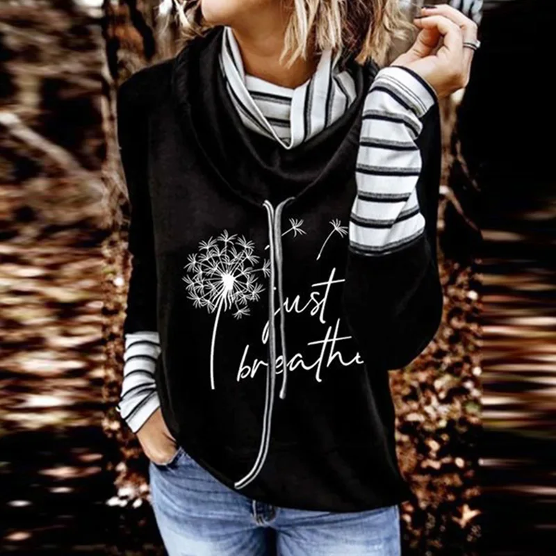 

Fashion Patchwork Striped Long Sleeve Hoodie Women Casual Double Collar Pullover Top Autumn Elegant Print Lady Hoodie Sweatshirt