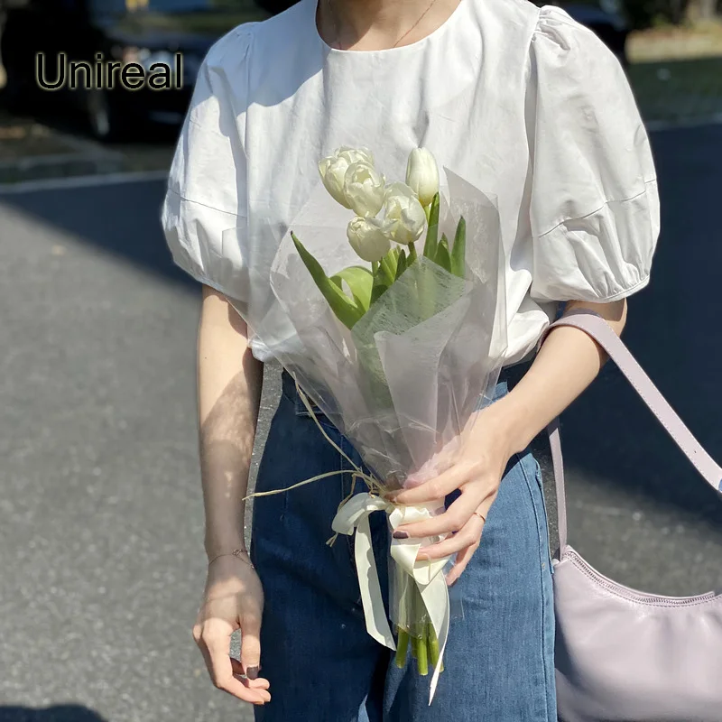 

Unireal 2021 Summer Women White Blouse Shirt Short Sleeve Casual Loose Fashion Vintage Female Tops