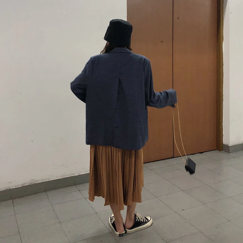 Винтажный синий костюм, пиджак в клетку, Женский блейзер, элегантный однобортный женский пиджак с разрезом сзади, блейзер, осенне-зимняя верхняя одежда