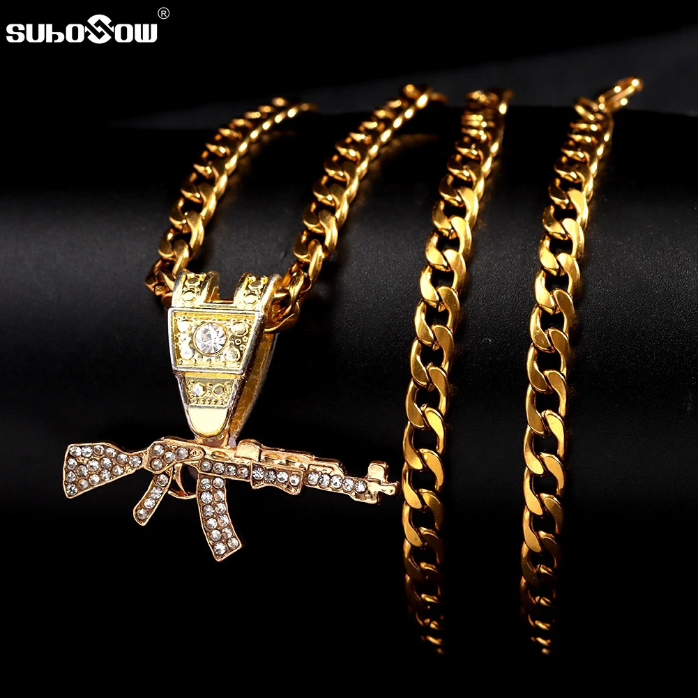 

Men Hip Hop Stainless Steel Chain Necklace Gold Silver Color Bling Rhinestone Submachine Gun Pendant Necklace Fashion Jewelry