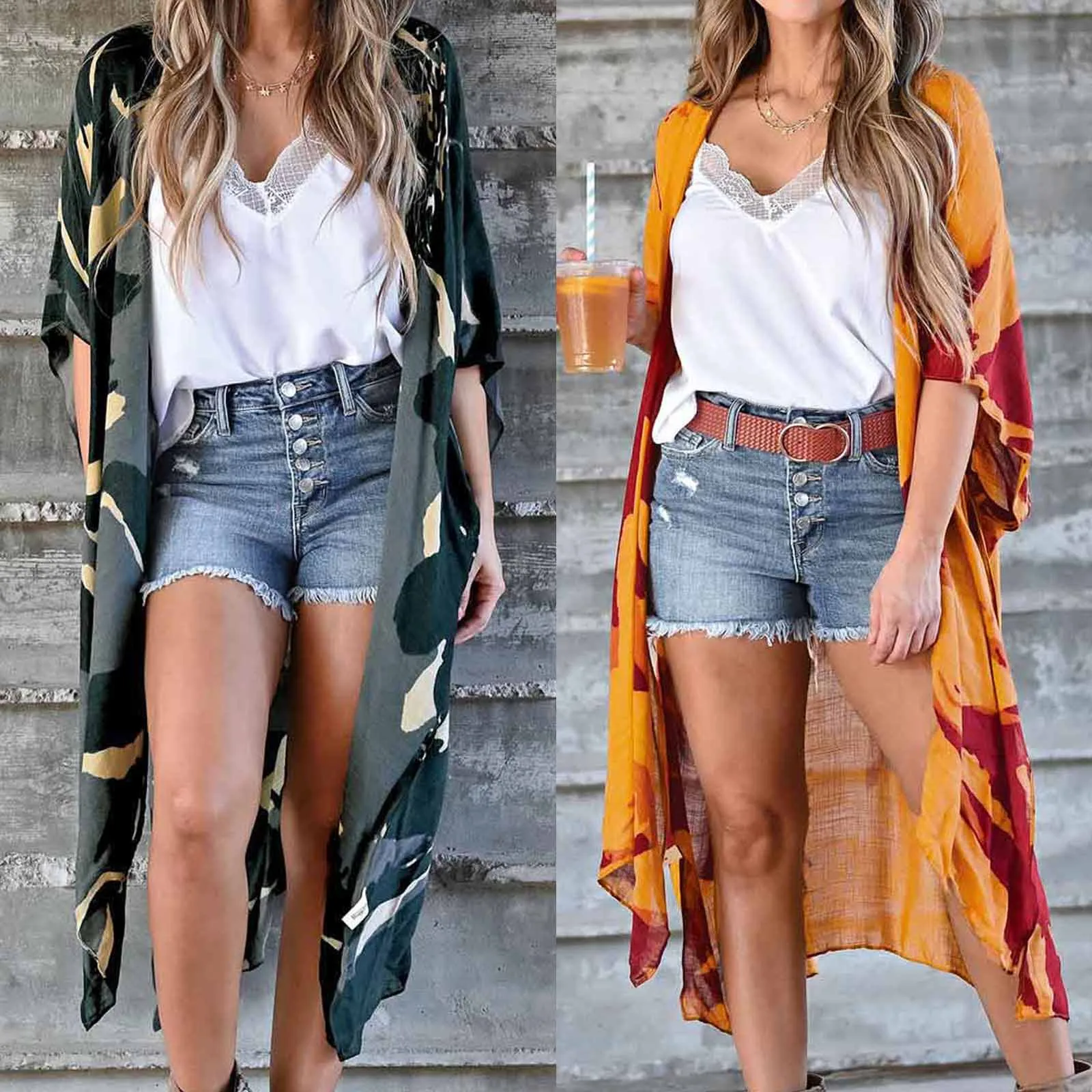 Женский пляжный кардиган кимоно средней длины повседневный купальник с принтом