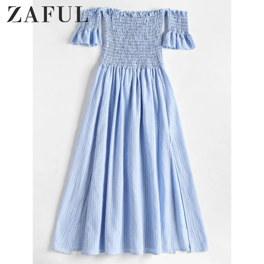 ZAFUL Полосатая Рубашка с Плечами Платье Миди Женщины Пляж Хлопок Платья короткими