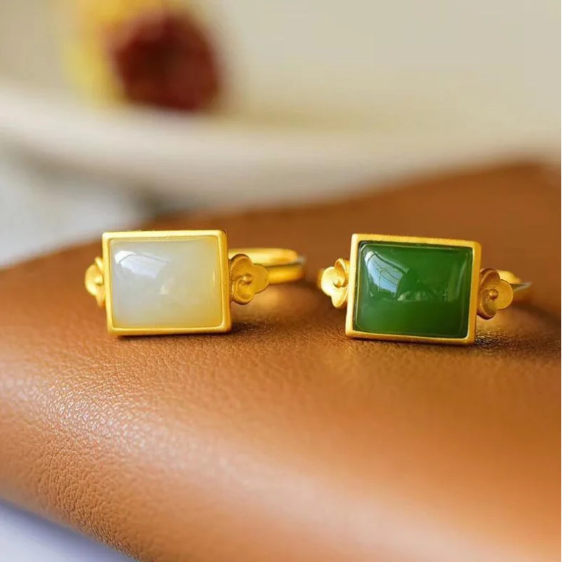 

New S925 Sterling Silver Inlaid Natural Hetian White Jade Jasper Square Ring Ancient Gold Craft Simple Fashion