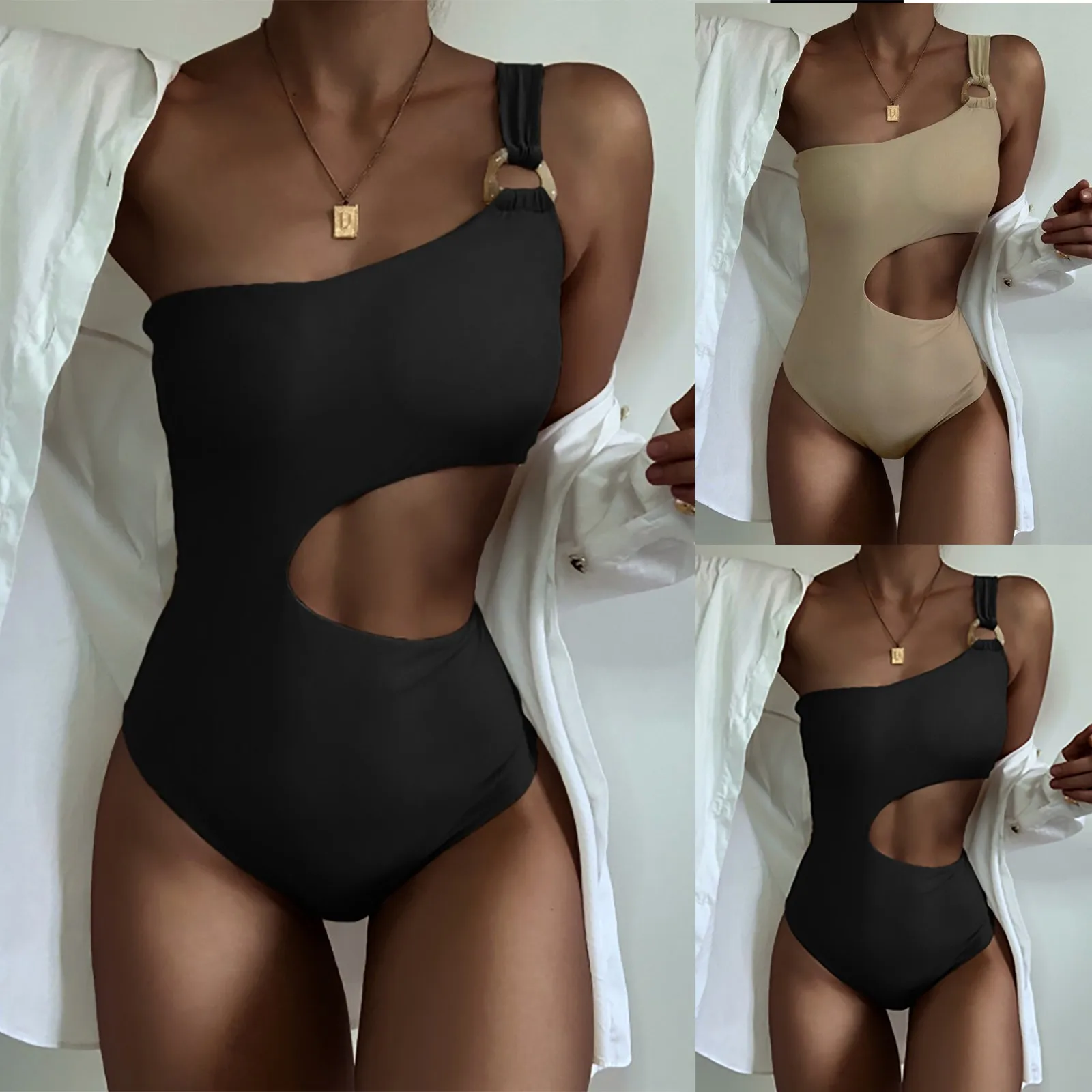 

2022 однотонные черные купальные костюмы с оборками, Женский цельный купальник, женский сексуальный Монокини большого размера на шнуровке, к...