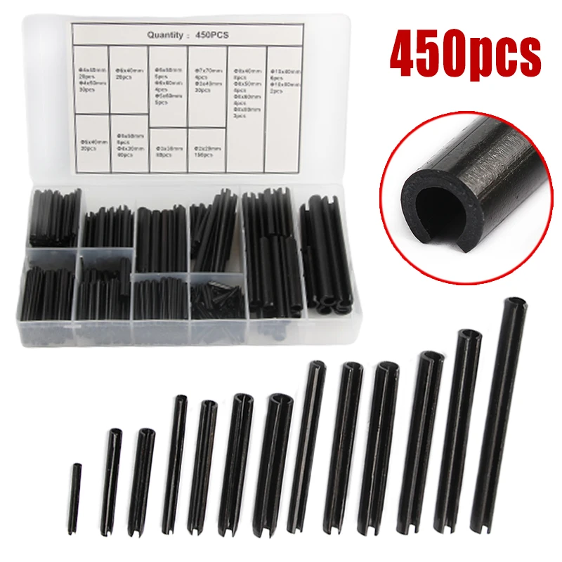 450 шт. многоразмерные черные стальные сплит Пружинные рулонные штифты в