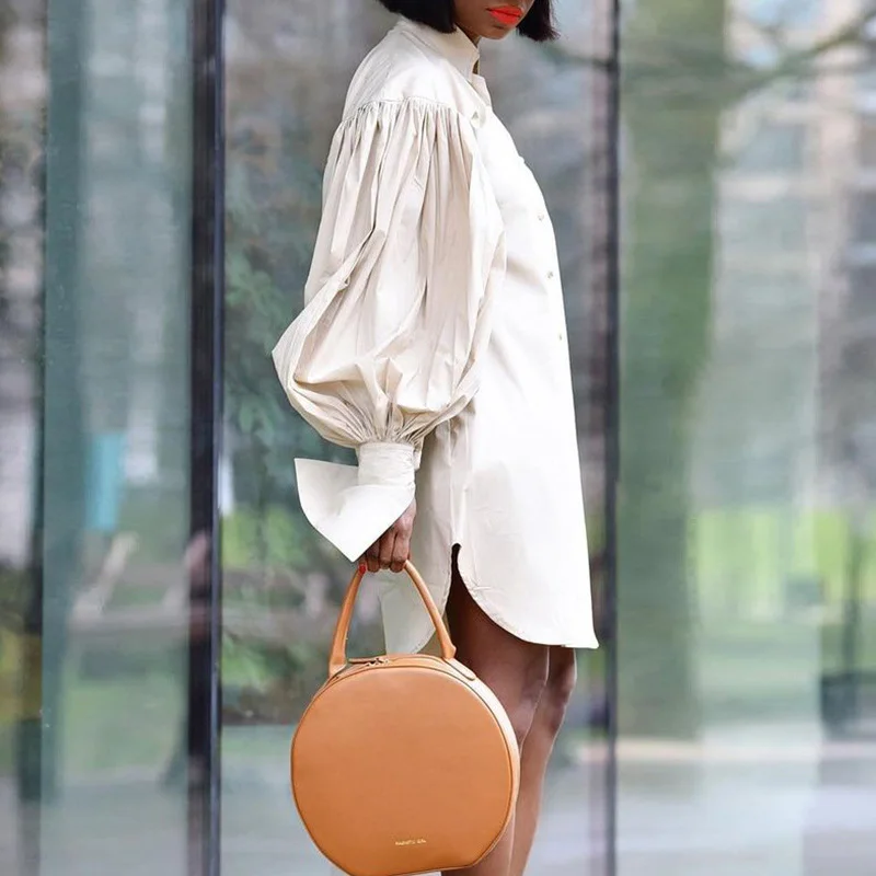 

Spring Women Elegant Solid Lantern Sleeve Loose A-Line Dress 2021 Fashion Button Design Party Dresses Office Lady Casual Dress