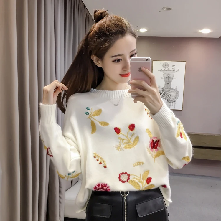 Женский вязаный свитер Shein модный милый пуловер с круглым вырезом и вышивкой в