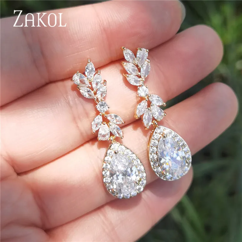 ZAKOL Роскошный белый Цвет капли воды Фианит циркон Кристалл Длинные висячие