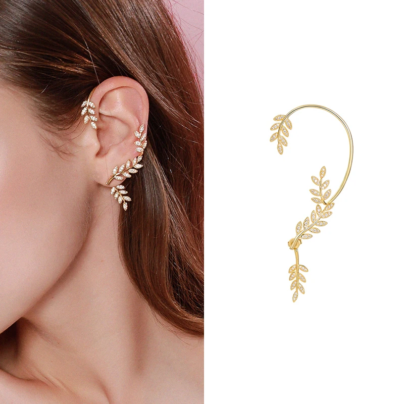 

UILZ Korean New Inlaid Zircon Leaves Earrings Temperament Long Tassel Olive Leaf Crystal Ear Bone Clip Women Wholesale CE2618