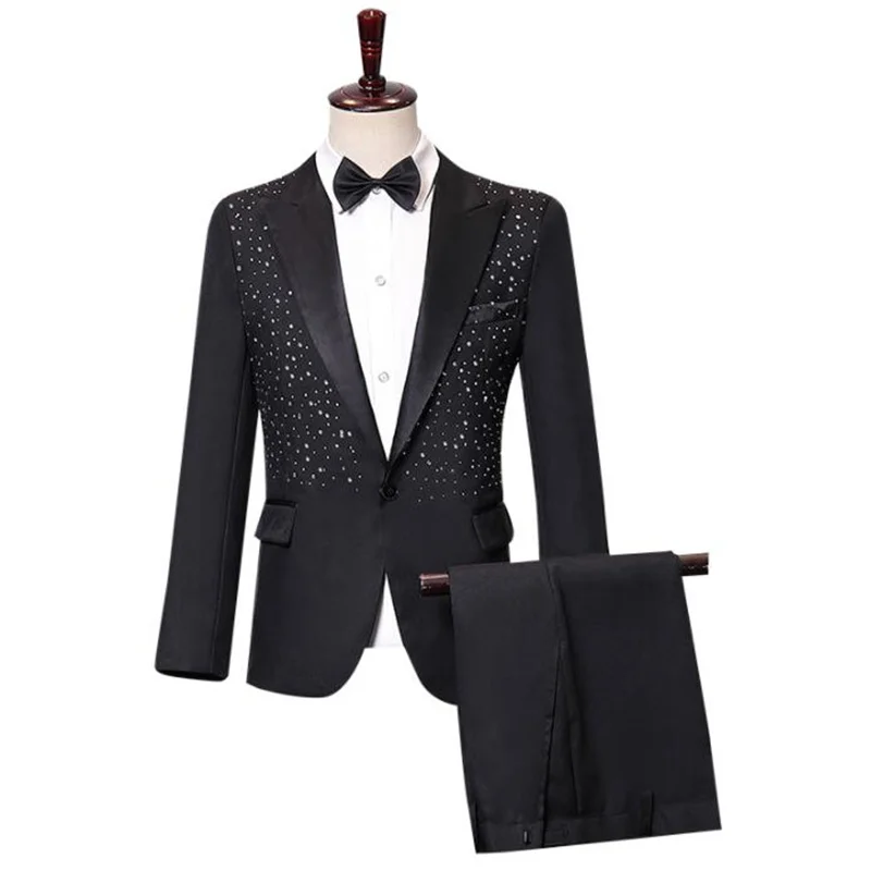 Star diamond blazer men groom suit set with pants mens wedding suits costume singer dance stage clothing formal dress black b344