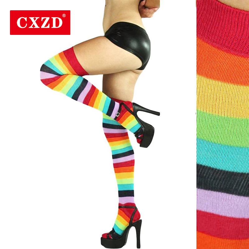CXZD носки в радужную полоску Длинные хлопковые выше колена колготки шелковые