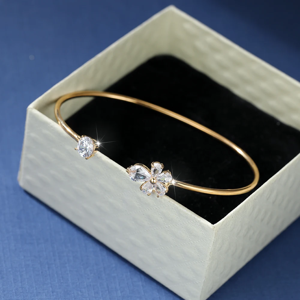 

Romantic Sweet Crystal Flower Cuff Bracelet for Women Bohemia Gold Color Stackable Thin Bangles Dainty Anniversary Jewelry Gift