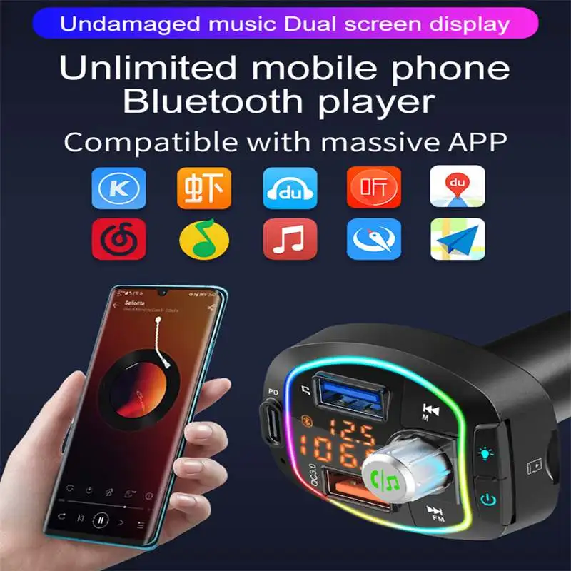 

BC66 Car BT V5.0 FM Transmitter Radio Adapter Handsfree Call 3-Port USB Type-C PD QC3.0 TF/U Disk Car Charger Digital Display