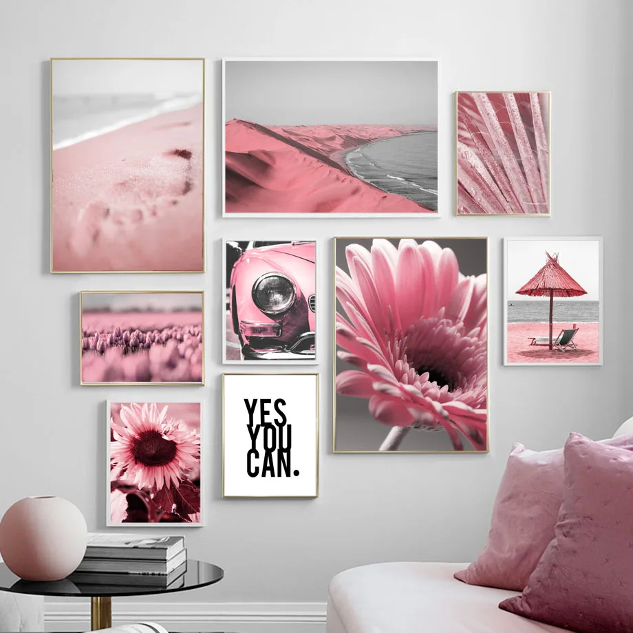 

Pink Tulip Sunflower Sea Beach Car Quotes Wall Art Canvas Painting Nordic Posters And Prints Wall Pictures For Living Room Decor