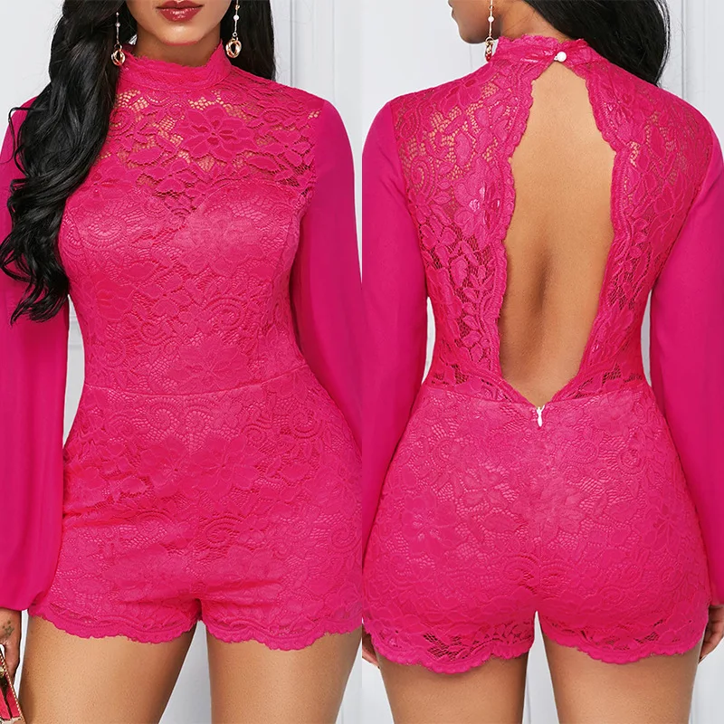 

Women's Jumpsuit Plus Size Sexy Lace Crochet Hollow Out Rompers Short Backless Horn Long Sleeve Overalls Playsuit Clothes Red