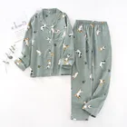 Женский пижамный комплект, 100% марлевая Хлопковая пижама с мультяшным принтом собаки, 2 шт., рубашка с отложным воротником + штаны, комфортная Пижама