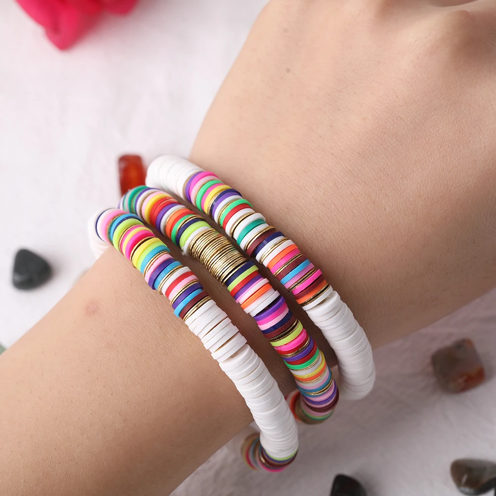 

10Pcs 8mm White Rainbow Color Polymer Clay Disc Heishi Beads Elastic String Bracelet Women Gold Copper Sheets Bracelet Jewelry