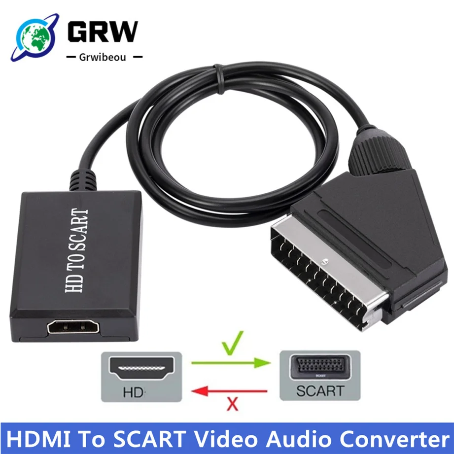 

GRWIBEOU 1080P HDMI To SCART Video Audio Upscale Converter Adapter for HD TV DVD for Sky Box STB Plug and Play DC Cable