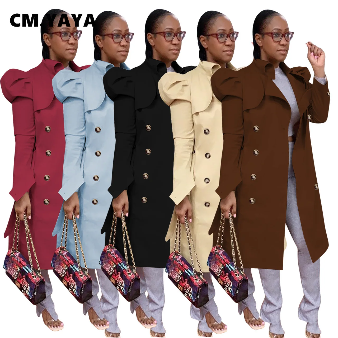 

Женский Классический тренч на пуговицах CM.YAYA, длинный Тренч с пышными рукавами и отложным воротником в уличном стиле, Осень-зима