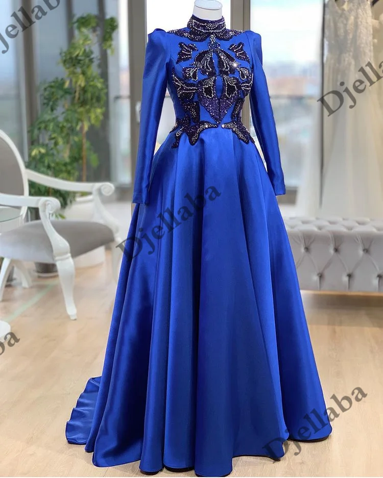 

Navy Blue High Neck Long Sleeve Draped Dress Satin Beading Crystal Appliques Evening Gown Arab Muslim Luxurious Longue Dubai