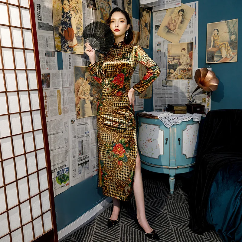 Sheng Coco Gold золото бархат Cheongsam Плюс размер платья длинный рукав вечернее Ципао