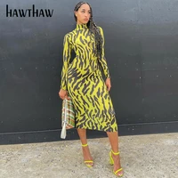 hawthaw women autumn long sleeve printed bodycon yellow pencil midi dress 2021 fall clothes wholesale items dropshipping