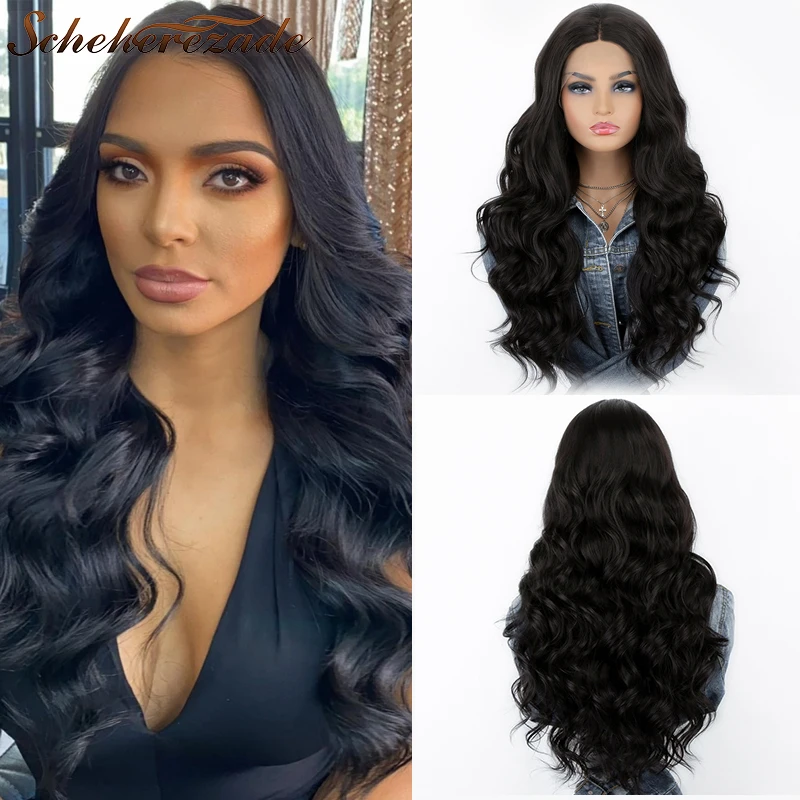 Body Wave Lace Front Wig Synthetic Black Long Lace Front Wig For Black Women Heat Resistant 13×3 Party Cosplay Wigs Scheherezade