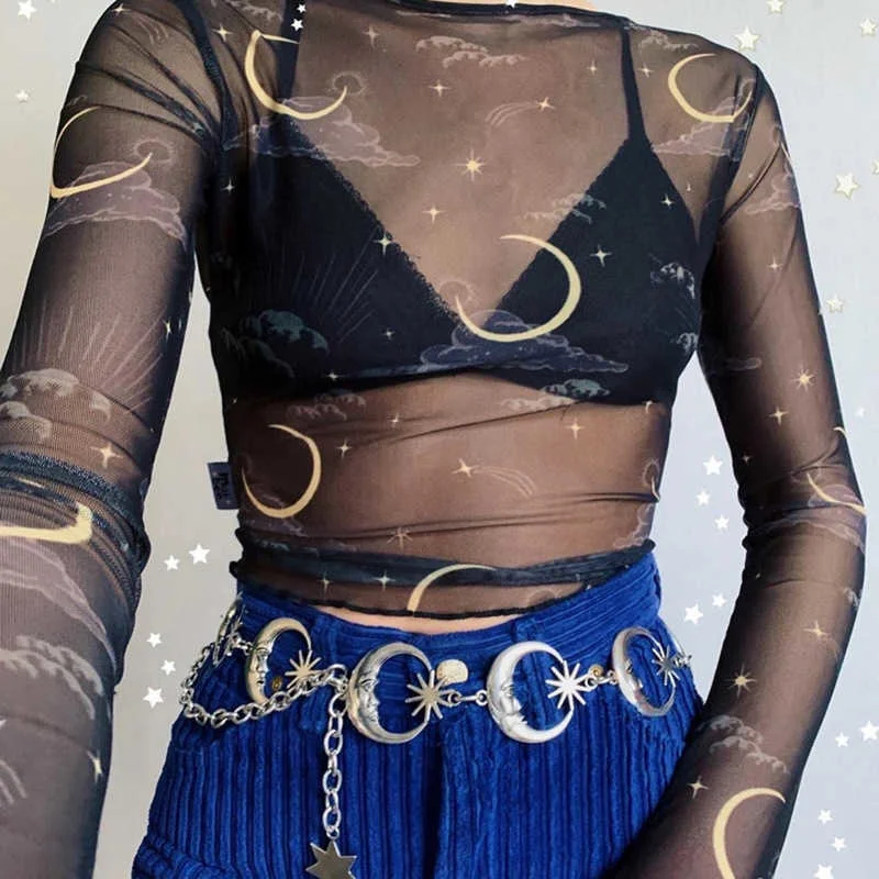 

Harajuku Punk Moon Metal Belts Women Vintage High Waist Chain Waist Belts Moon Sun Sliver Pendant Belts Female