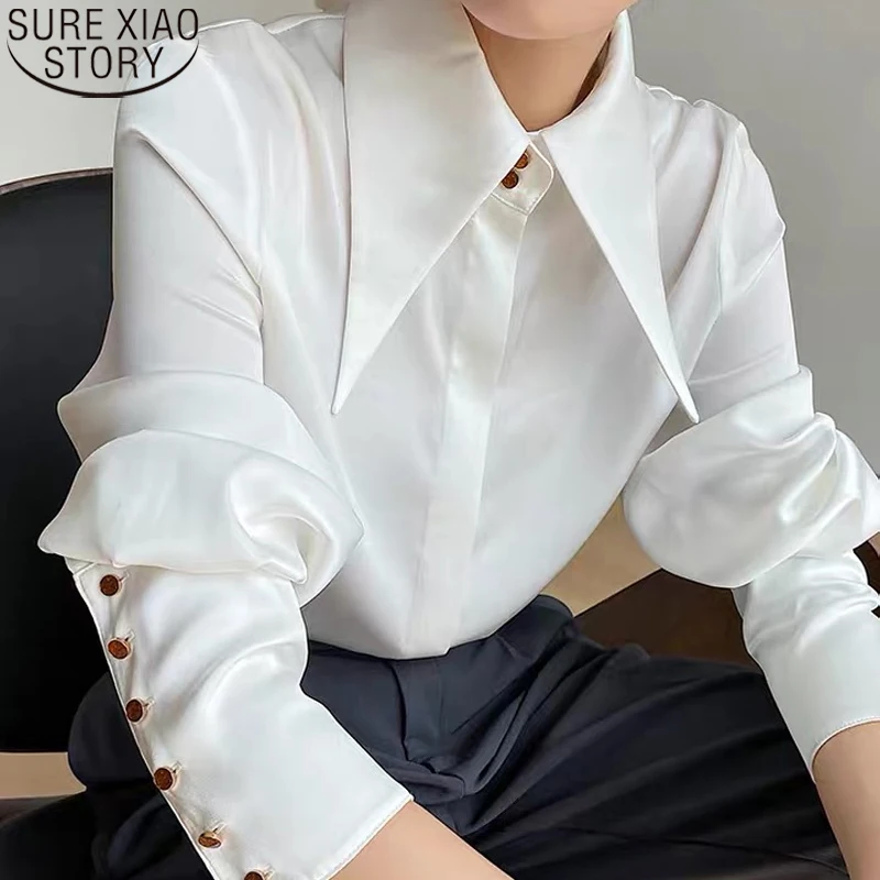 

New Vintage Turn Down Collar Silk Satin Blouse Women Shirts Elegant Spring Autumn White Office Ladies Shirt Tops Blusas 16946
