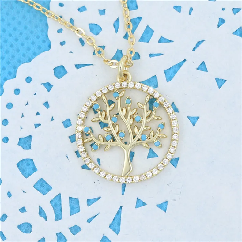 

SA SILVERAGE Pendant Necklace for Women Wholesale Lots Bulk 2019 New Style Zircon Tree of Life Necklace 14k Gold-plated Round