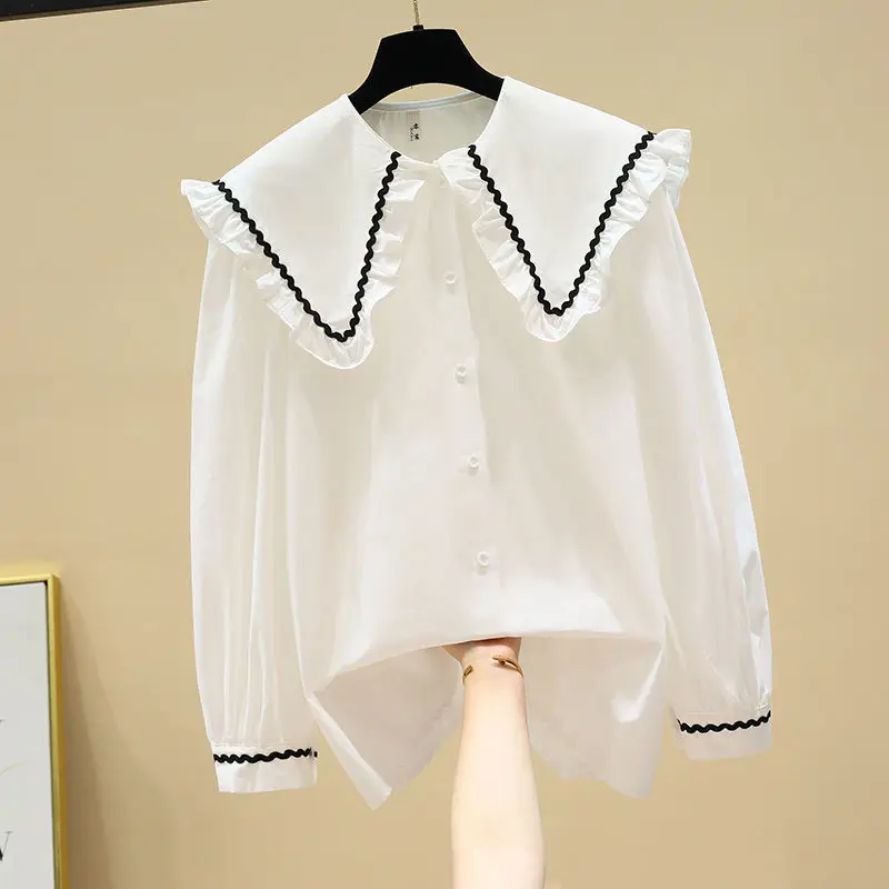 

White shirt with baby collar, long sleeve and new loose and foreign style single breasted shirt