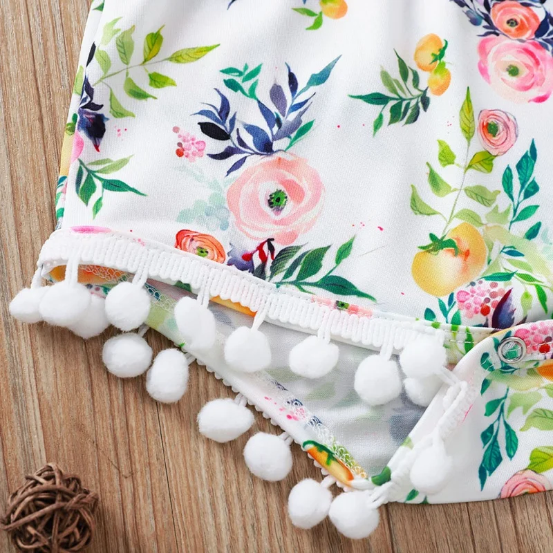 

2020 Cotton Baby Girl Clothes Summer New Kids Tassel Romper Jumpsuit Headband Floral Playsuit For Newborn