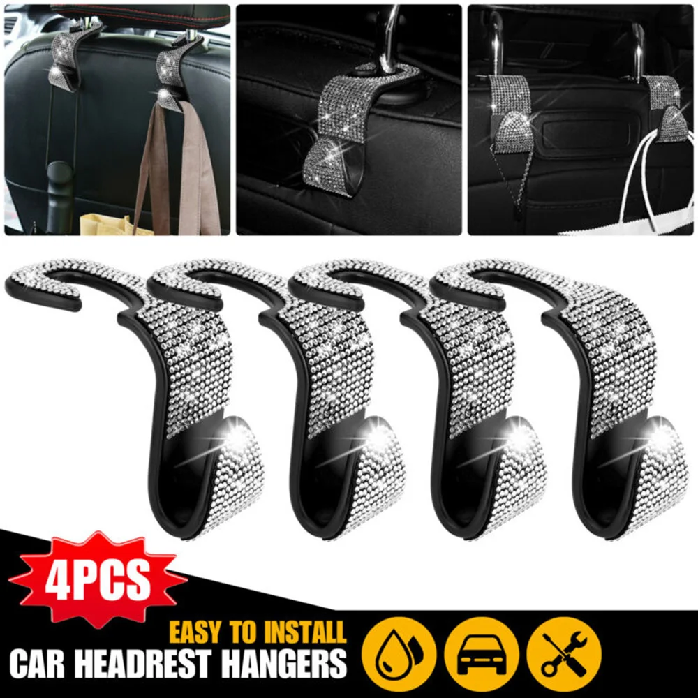 

4pcs Set Car Headrest Hangers Accessories Backseat Bag Bling Rhinestones