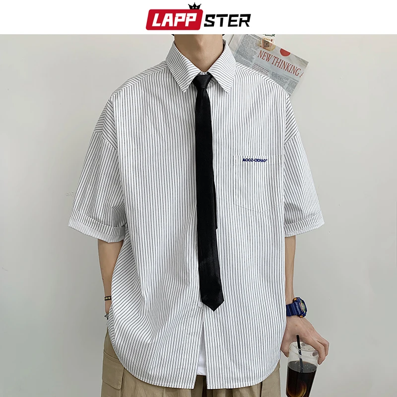 

LAPPSTER Men Striped Harajuku Short Sleeve Shirts 2022 Summer Mens Korean Fashion Vintage Shirts Male Cotton Streetwear Shirts