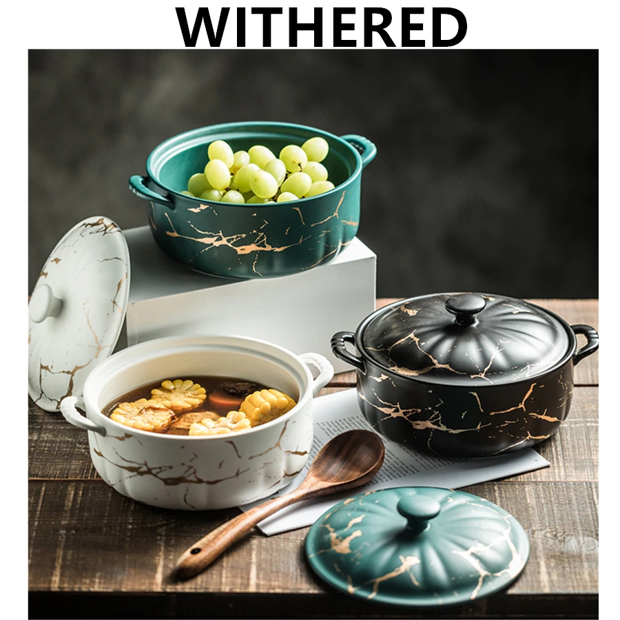 

Wintered Home Nordic Simplicity Japanese High Quality Vintage Marble Double Ear Soup Bowl Ceramic Soup Bowl Tableware Tureens