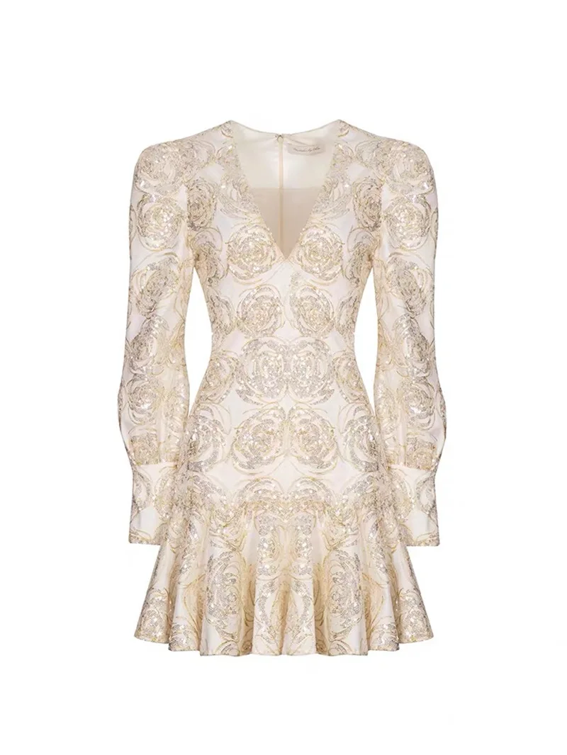 

21 spring and summer flower Sequin embroidery temperament V-neck Bubble Sleeve Ruffle Dress
