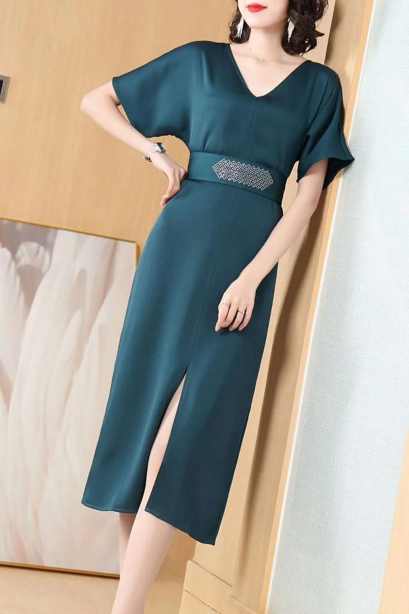 

Summer Fashion 2021 Pencil Dress Women V-Neck Crystal Beading Belt Deco Short Sleeve Split Sexy Bodycon Dress Green Purple XXL