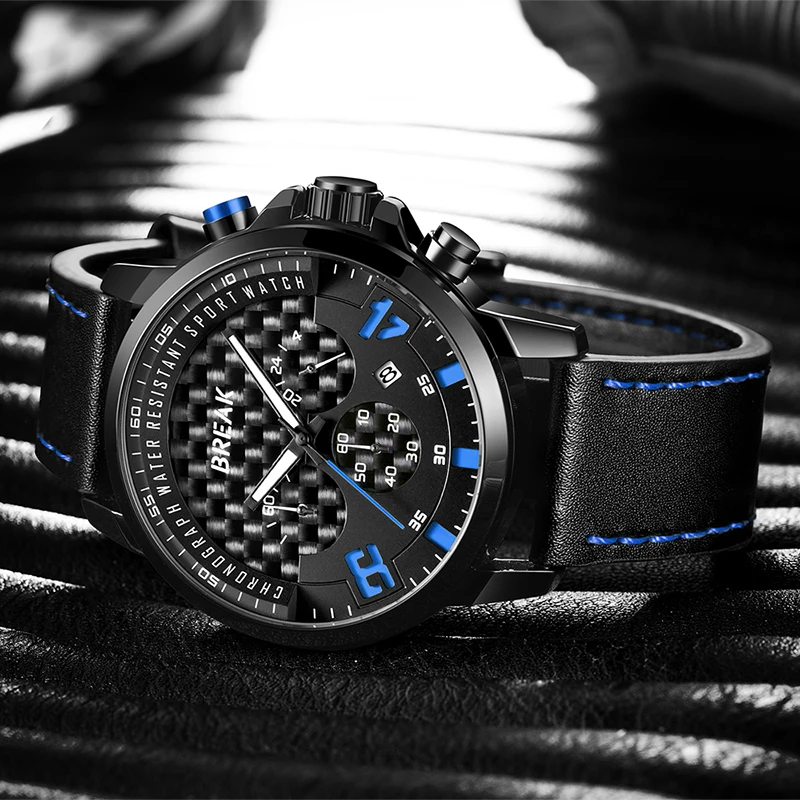 Мужские кварцевые часы BREAK New с кожаным ремешком водонепроницаемые