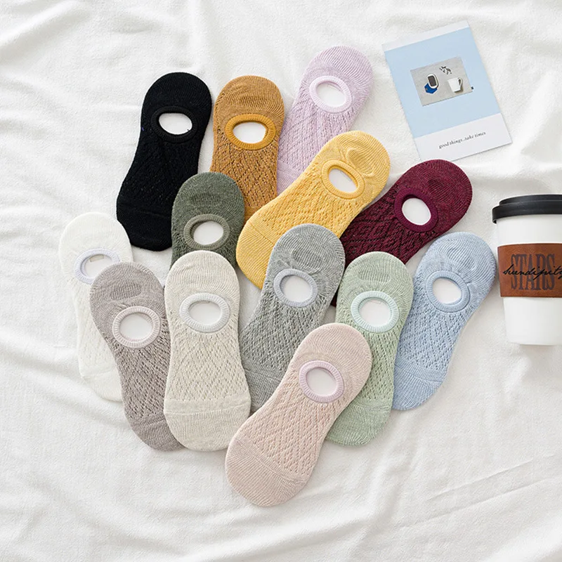 

5 Pairs/ Women's Silicone Non-slip Invisible Socks Solid Color Breathable Mesh Ankle Boat Socks Cotton Slippers Faceless Socks