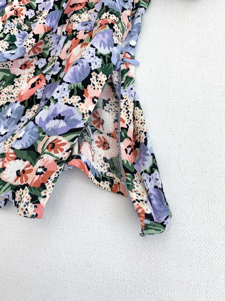 

2021 Summer Women Shirt Floral Printed Square Collar Off-shoulder Sweet Puff Sleeve Blouse and Top